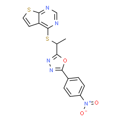 ChemSpider 2D Image | 4-({1-[5-(4-Nitrophenyl)-1,3,4-oxadiazol-2-yl]ethyl}sulfanyl)thieno[2,3-d]pyrimidine | C16H11N5O3S2