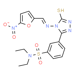 ChemSpider 2D Image | N,N-Diethyl-3-(4-{(E)-[(5-nitro-2-furyl)methylene]amino}-5-thioxo-4,5-dihydro-1H-1,2,4-triazol-3-yl)benzenesulfonamide | C17H18N6O5S2