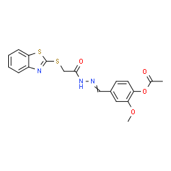 ChemSpider 2D Image | 4-({[(1,3-Benzothiazol-2-ylsulfanyl)acetyl]hydrazono}methyl)-2-methoxyphenyl acetate | C19H17N3O4S2