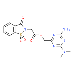 ChemSpider 2D Image | [4-Amino-6-(dimethylamino)-1,3,5-triazin-2-yl]methyl (1,1-dioxido-3-oxo-1,2-benzothiazol-2(3H)-yl)acetate | C15H16N6O5S