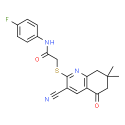 ChemSpider 2D Image | 2-[(3-cyano-7,7-dimethyl-5-oxo-6,8-dihydroquinolin-2-yl)sulfanyl]-N-(4-fluorophenyl)acetamide | C20H18FN3O2S