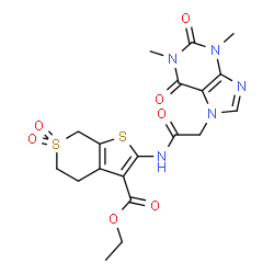 ChemSpider 2D Image | Ethyl 2-{[(1,3-dimethyl-2,6-dioxo-1,2,3,6-tetrahydro-7H-purin-7-yl)acetyl]amino}-4,7-dihydro-5H-thieno[2,3-c]thiopyran-3-carboxylate 6,6-dioxide | C19H21N5O7S2