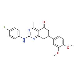 ChemSpider 2D Image | 7-(3,4-Dimethoxyphenyl)-2-[(4-fluorophenyl)amino]-4-methyl-7,8-dihydro-5(6H)-quinazolinone | C23H22FN3O3
