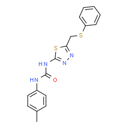 ChemSpider 2D Image | 1-(4-Methylphenyl)-3-{5-[(phenylsulfanyl)methyl]-1,3,4-thiadiazol-2-yl}urea | C17H16N4OS2
