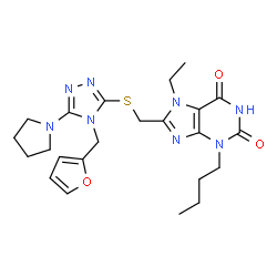 ChemSpider 2D Image | 3-Butyl-7-ethyl-8-({[4-(2-furylmethyl)-5-(1-pyrrolidinyl)-4H-1,2,4-triazol-3-yl]sulfanyl}methyl)-3,7-dihydro-1H-purine-2,6-dione | C23H30N8O3S