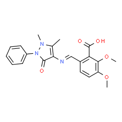 ChemSpider 2D Image | 6-{(E)-[(1,5-Dimethyl-3-oxo-2-phenyl-2,3-dihydro-1H-pyrazol-4-yl)imino]methyl}-2,3-dimethoxybenzoic acid | C21H21N3O5