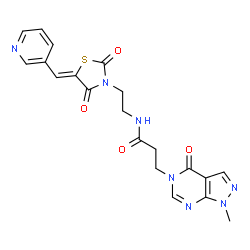 ChemSpider 2D Image | N-{2-[(5Z)-2,4-Dioxo-5-(3-pyridinylmethylene)-1,3-thiazolidin-3-yl]ethyl}-3-(1-methyl-4-oxo-1,4-dihydro-5H-pyrazolo[3,4-d]pyrimidin-5-yl)propanamide | C20H19N7O4S