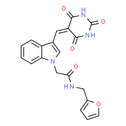 ChemSpider 2D Image | 1H-indole-1-acetamide, 3-[(E)-(2,6-dihydroxy-4-oxo-5(4H)-pyrimidinylidene)methyl]-N-(2-furanylmethyl)- | C20H16N4O5