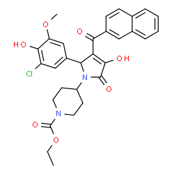 ChemSpider 2D Image | Ethyl 4-[2-(3-chloro-4-hydroxy-5-methoxyphenyl)-4-hydroxy-3-(2-naphthoyl)-5-oxo-2,5-dihydro-1H-pyrrol-1-yl]-1-piperidinecarboxylate | C30H29ClN2O7