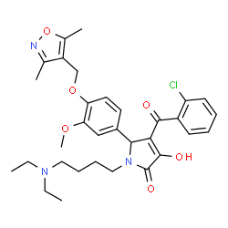 ChemSpider 2D Image | 4-(2-Chlorobenzoyl)-1-[4-(diethylamino)butyl]-5-{4-[(3,5-dimethyl-1,2-oxazol-4-yl)methoxy]-3-methoxyphenyl}-3-hydroxy-1,5-dihydro-2H-pyrrol-2-one | C32H38ClN3O6
