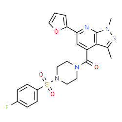 ChemSpider 2D Image | {4-[(4-Fluorophenyl)sulfonyl]-1-piperazinyl}[6-(2-furyl)-1,3-dimethyl-1H-pyrazolo[3,4-b]pyridin-4-yl]methanone | C23H22FN5O4S