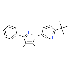 ChemSpider 2D Image | 4-Iodo-1-[6-(2-methyl-2-propanyl)-3-pyridinyl]-3-phenyl-1H-pyrazol-5-amine | C18H19IN4