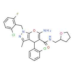 ChemSpider 2D Image | 6-Amino-1-(2-chloro-6-fluorobenzyl)-4-(2-chlorophenyl)-3-methyl-N-(tetrahydro-2-furanylmethyl)-1,4-dihydropyrano[2,3-c]pyrazole-5-carboxamide | C26H25Cl2FN4O3