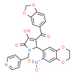 ChemSpider 2D Image | 4-(1,3-Benzodioxol-5-ylcarbonyl)-3-hydroxy-5-(7-nitro-2,3-dihydro-1,4-benzodioxin-6-yl)-1-(4-pyridinylmethyl)-1,5-dihydro-2H-pyrrol-2-one | C26H19N3O9