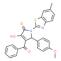 ChemSpider 2D Image | 4-Benzoyl-3-hydroxy-5-(4-methoxyphenyl)-1-(6-methyl-1,3-benzothiazol-2-yl)-1,5-dihydro-2H-pyrrol-2-one | C26H20N2O4S