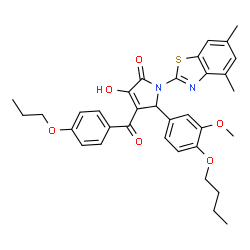 ChemSpider 2D Image | 5-(4-Butoxy-3-methoxyphenyl)-1-(4,6-dimethyl-1,3-benzothiazol-2-yl)-3-hydroxy-4-(4-propoxybenzoyl)-1,5-dihydro-2H-pyrrol-2-one | C34H36N2O6S