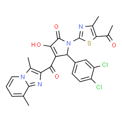ChemSpider 2D Image | 1-(5-Acetyl-4-methyl-1,3-thiazol-2-yl)-5-(3,4-dichlorophenyl)-4-[(3,8-dimethylimidazo[1,2-a]pyridin-2-yl)carbonyl]-3-hydroxy-1,5-dihydro-2H-pyrrol-2-one | C26H20Cl2N4O4S