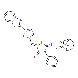 ChemSpider 2D Image | (2E,5Z)-5-{[5-(1,3-Benzothiazol-2-yl)-2-furyl]methylene}-3-phenyl-2-[(2E)-(1,7,7-trimethylbicyclo[2.2.1]hept-2-ylidene)hydrazono]-1,3-thiazolidin-4-one | C31H28N4O2S2