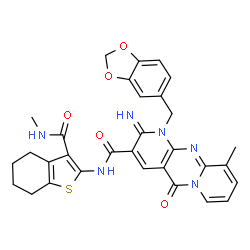 ChemSpider 2D Image | 1-(1,3-Benzodioxol-5-ylmethyl)-2-imino-10-methyl-N-[3-(methylcarbamoyl)-4,5,6,7-tetrahydro-1-benzothiophen-2-yl]-5-oxo-1,5-dihydro-2H-dipyrido[1,2-a:2',3'-d]pyrimidine-3-carboxamide | C31H28N6O5S