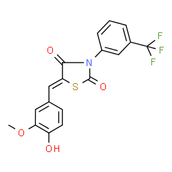 ChemSpider 2D Image | (5Z)-5-(4-Hydroxy-3-methoxybenzylidene)-3-[3-(trifluoromethyl)phenyl]-1,3-thiazolidine-2,4-dione | C18H12F3NO4S