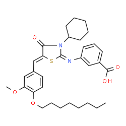 ChemSpider 2D Image | 3-({(2E,5Z)-3-Cyclohexyl-5-[3-methoxy-4-(octyloxy)benzylidene]-4-oxo-1,3-thiazolidin-2-ylidene}amino)benzoic acid | C32H40N2O5S