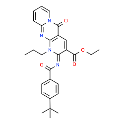 ChemSpider 2D Image | Ethyl (2Z)-2-[(4-tert-butylbenzoyl)imino]-5-oxo-1-propyl-1,5-dihydro-2H-dipyrido[1,2-a:2',3'-d]pyrimidine-3-carboxylate | C28H30N4O4