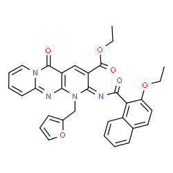 ChemSpider 2D Image | Ethyl (2E)-2-[(2-ethoxy-1-naphthoyl)imino]-1-(2-furylmethyl)-5-oxo-1,5-dihydro-2H-dipyrido[1,2-a:2',3'-d]pyrimidine-3-carboxylate | C32H26N4O6