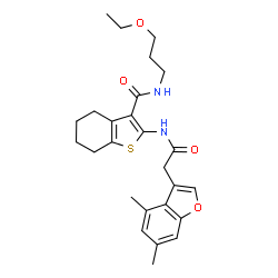 ChemSpider 2D Image | 2-{[(4,6-Dimethyl-1-benzofuran-3-yl)acetyl]amino}-N-(3-ethoxypropyl)-4,5,6,7-tetrahydro-1-benzothiophene-3-carboxamide | C26H32N2O4S