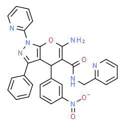 ChemSpider 2D Image | 6-Amino-4-(3-nitrophenyl)-3-phenyl-1-(2-pyridinyl)-N-(2-pyridinylmethyl)-1,4-dihydropyrano[2,3-c]pyrazole-5-carboxamide | C30H23N7O4