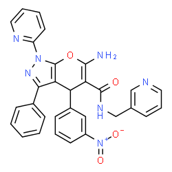 ChemSpider 2D Image | 6-Amino-4-(3-nitrophenyl)-3-phenyl-1-(2-pyridinyl)-N-(3-pyridinylmethyl)-1,4-dihydropyrano[2,3-c]pyrazole-5-carboxamide | C30H23N7O4