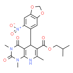 ChemSpider 2D Image | Isobutyl 1,3,7-trimethyl-5-(6-nitro-1,3-benzodioxol-5-yl)-2,4-dioxo-1,2,3,4,5,8-hexahydropyrido[2,3-d]pyrimidine-6-carboxylate | C22H24N4O8