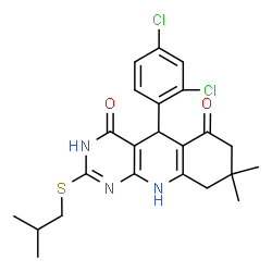 ChemSpider 2D Image | 5-(2,4-Dichlorophenyl)-2-(isobutylsulfanyl)-8,8-dimethyl-5,8,9,10-tetrahydropyrimido[4,5-b]quinoline-4,6(1H,7H)-dione | C23H25Cl2N3O2S