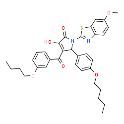 ChemSpider 2D Image | 4-(3-Butoxybenzoyl)-3-hydroxy-1-(6-methoxy-1,3-benzothiazol-2-yl)-5-[4-(pentyloxy)phenyl]-1,5-dihydro-2H-pyrrol-2-one | C34H36N2O6S