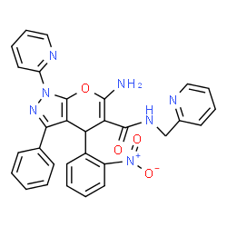 ChemSpider 2D Image | 6-Amino-4-(2-nitrophenyl)-3-phenyl-1-(2-pyridinyl)-N-(2-pyridinylmethyl)-1,4-dihydropyrano[2,3-c]pyrazole-5-carboxamide | C30H23N7O4