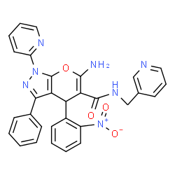 ChemSpider 2D Image | 6-Amino-4-(2-nitrophenyl)-3-phenyl-1-(2-pyridinyl)-N-(3-pyridinylmethyl)-1,4-dihydropyrano[2,3-c]pyrazole-5-carboxamide | C30H23N7O4