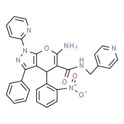 ChemSpider 2D Image | 6-Amino-4-(2-nitrophenyl)-3-phenyl-1-(2-pyridinyl)-N-(4-pyridinylmethyl)-1,4-dihydropyrano[2,3-c]pyrazole-5-carboxamide | C30H23N7O4