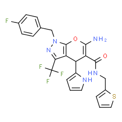 ChemSpider 2D Image | 6-Amino-1-(4-fluorobenzyl)-4-(1H-pyrrol-2-yl)-N-(2-thienylmethyl)-3-(trifluoromethyl)-1,4-dihydropyrano[2,3-c]pyrazole-5-carboxamide | C24H19F4N5O2S