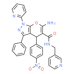 ChemSpider 2D Image | 6-Amino-4-(4-nitrophenyl)-3-phenyl-1-(2-pyridinyl)-N-(3-pyridinylmethyl)-1,4-dihydropyrano[2,3-c]pyrazole-5-carboxamide | C30H23N7O4
