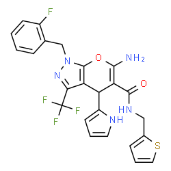 ChemSpider 2D Image | 6-Amino-1-(2-fluorobenzyl)-4-(1H-pyrrol-2-yl)-N-(2-thienylmethyl)-3-(trifluoromethyl)-1,4-dihydropyrano[2,3-c]pyrazole-5-carboxamide | C24H19F4N5O2S
