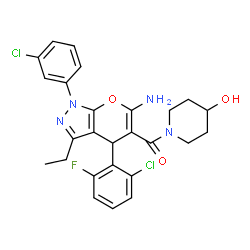 ChemSpider 2D Image | [6-Amino-4-(2-chloro-6-fluorophenyl)-1-(3-chlorophenyl)-3-ethyl-1,4-dihydropyrano[2,3-c]pyrazol-5-yl](4-hydroxy-1-piperidinyl)methanone | C26H25Cl2FN4O3