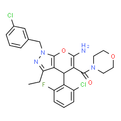 ChemSpider 2D Image | [6-Amino-1-(3-chlorobenzyl)-4-(2-chloro-6-fluorophenyl)-3-ethyl-1,4-dihydropyrano[2,3-c]pyrazol-5-yl](4-morpholinyl)methanone | C26H25Cl2FN4O3