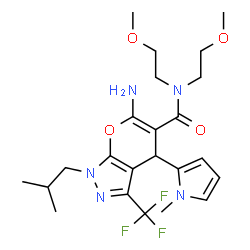 ChemSpider 2D Image | 6-Amino-1-isobutyl-N,N-bis(2-methoxyethyl)-4-(1-methyl-1H-pyrrol-2-yl)-3-(trifluoromethyl)-1,4-dihydropyrano[2,3-c]pyrazole-5-carboxamide | C23H32F3N5O4