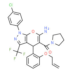 ChemSpider 2D Image | {4-[2-(Allyloxy)phenyl]-6-amino-1-(4-chlorophenyl)-3-(trifluoromethyl)-1,4-dihydropyrano[2,3-c]pyrazol-5-yl}(1-pyrrolidinyl)methanone | C27H24ClF3N4O3