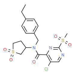 ChemSpider 2D Image | 5-Chloro-N-(1,1-dioxidotetrahydro-3-thiophenyl)-N-(4-ethylbenzyl)-2-(methylsulfonyl)-4-pyrimidinecarboxamide | C19H22ClN3O5S2