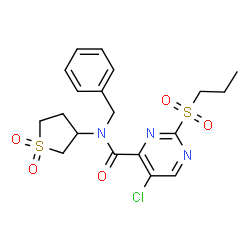 ChemSpider 2D Image | N-Benzyl-5-chloro-N-(1,1-dioxidotetrahydro-3-thiophenyl)-2-(propylsulfonyl)-4-pyrimidinecarboxamide | C19H22ClN3O5S2