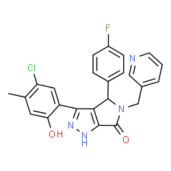 ChemSpider 2D Image | 3-(5-Chloro-2-hydroxy-4-methylphenyl)-4-(4-fluorophenyl)-5-(3-pyridinylmethyl)-4,5-dihydropyrrolo[3,4-c]pyrazol-6(1H)-one | C24H18ClFN4O2