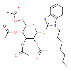 ChemSpider 2D Image | 1-Heptyl-1H-benzimidazol-2-yl 2,3,4,6-tetra-O-acetyl-1-thiohexopyranoside | C28H38N2O9S