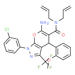 ChemSpider 2D Image | N,N-Diallyl-6-amino-1-(3-chlorophenyl)-4-(2-methoxyphenyl)-3-(trifluoromethyl)-1,4-dihydropyrano[2,3-c]pyrazole-5-carboxamide | C27H24ClF3N4O3