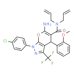 ChemSpider 2D Image | N,N-Diallyl-6-amino-1-(4-chlorophenyl)-4-(2-methoxyphenyl)-3-(trifluoromethyl)-1,4-dihydropyrano[2,3-c]pyrazole-5-carboxamide | C27H24ClF3N4O3