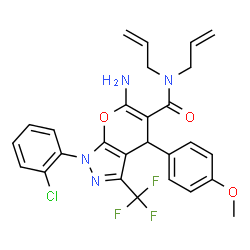 ChemSpider 2D Image | N,N-Diallyl-6-amino-1-(2-chlorophenyl)-4-(4-methoxyphenyl)-3-(trifluoromethyl)-1,4-dihydropyrano[2,3-c]pyrazole-5-carboxamide | C27H24ClF3N4O3